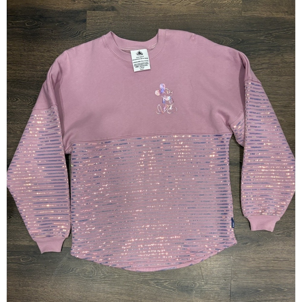 Disneyland Resort Mickey Mouse Pink Sequin Spirit Jersey Sweatshirt XS Oversized